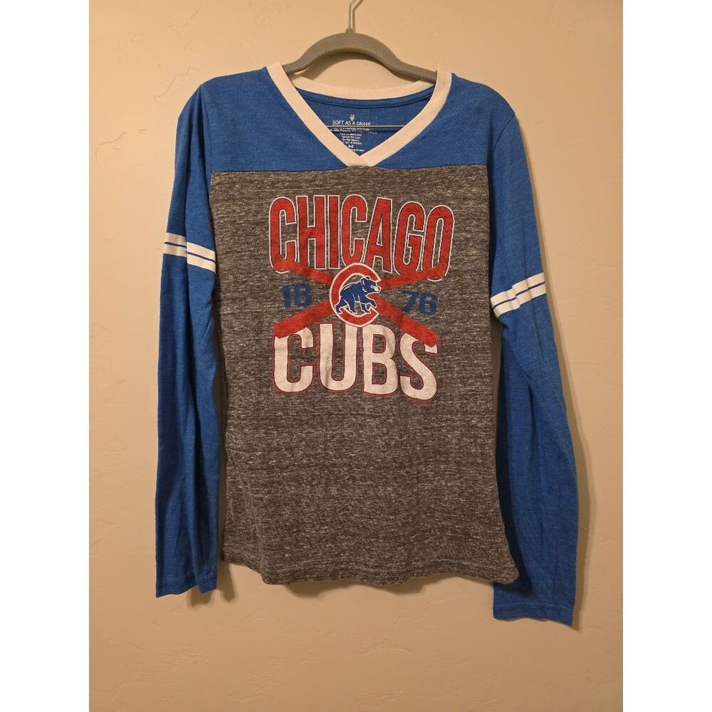 Chicago Cubs Long Sleeve Tee Blue Gray Colorblock MLB Baseball Y2K Style